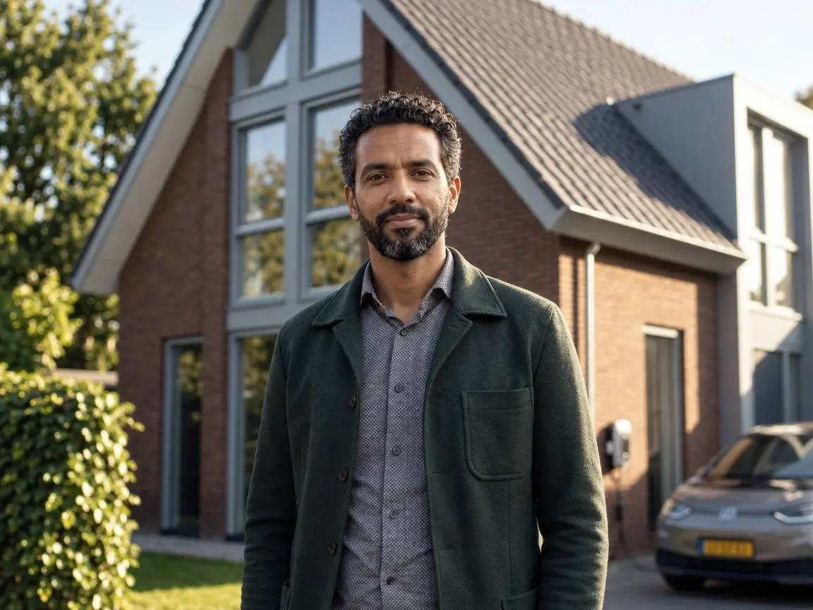 Familie Mansour voor de twee-onder-een-kapwoning, met de laadpaal aan de gevel en de auto op de oprit