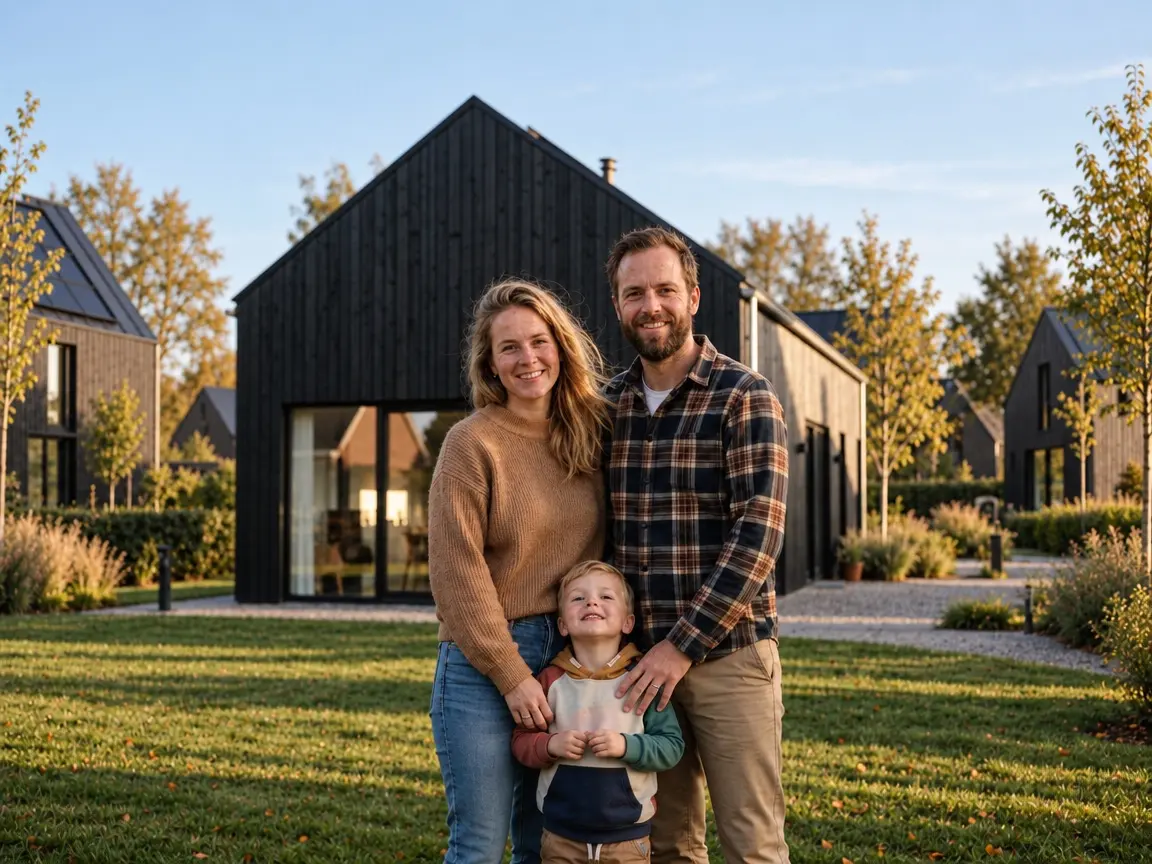 Familie Lindeman met hun zoontje in de tuin voor hun nieuwbouwwoning