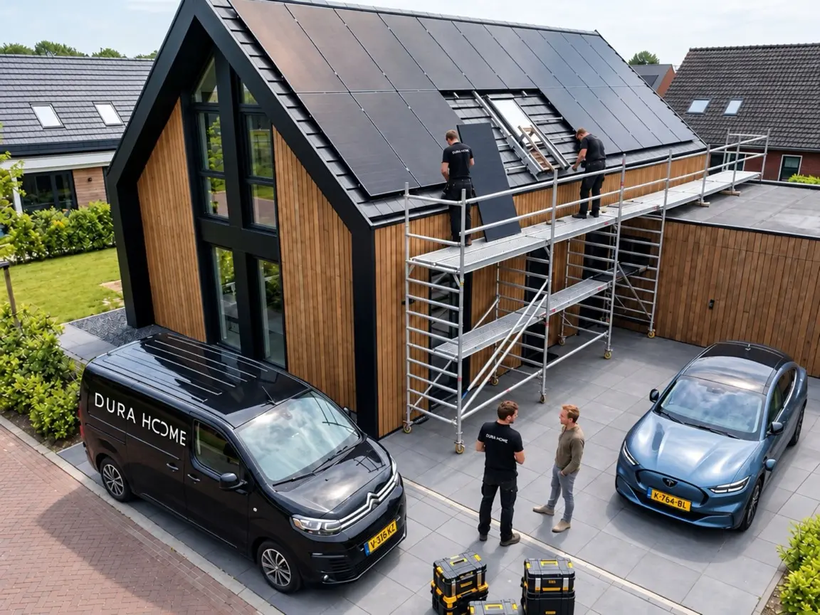 Huis met zonnepanelen en installateurs van Durahome