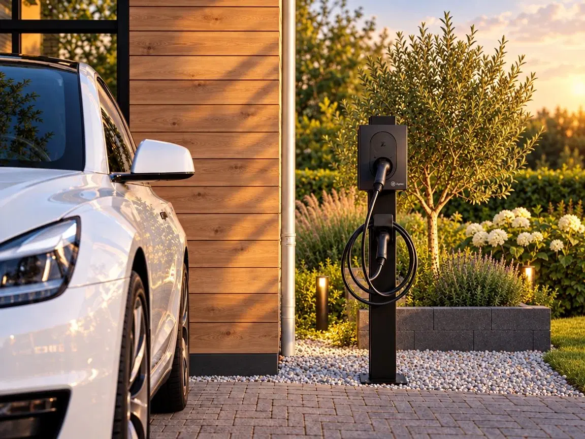 Laadpaal op de oprit naast een elektrische auto bij zonsondergang