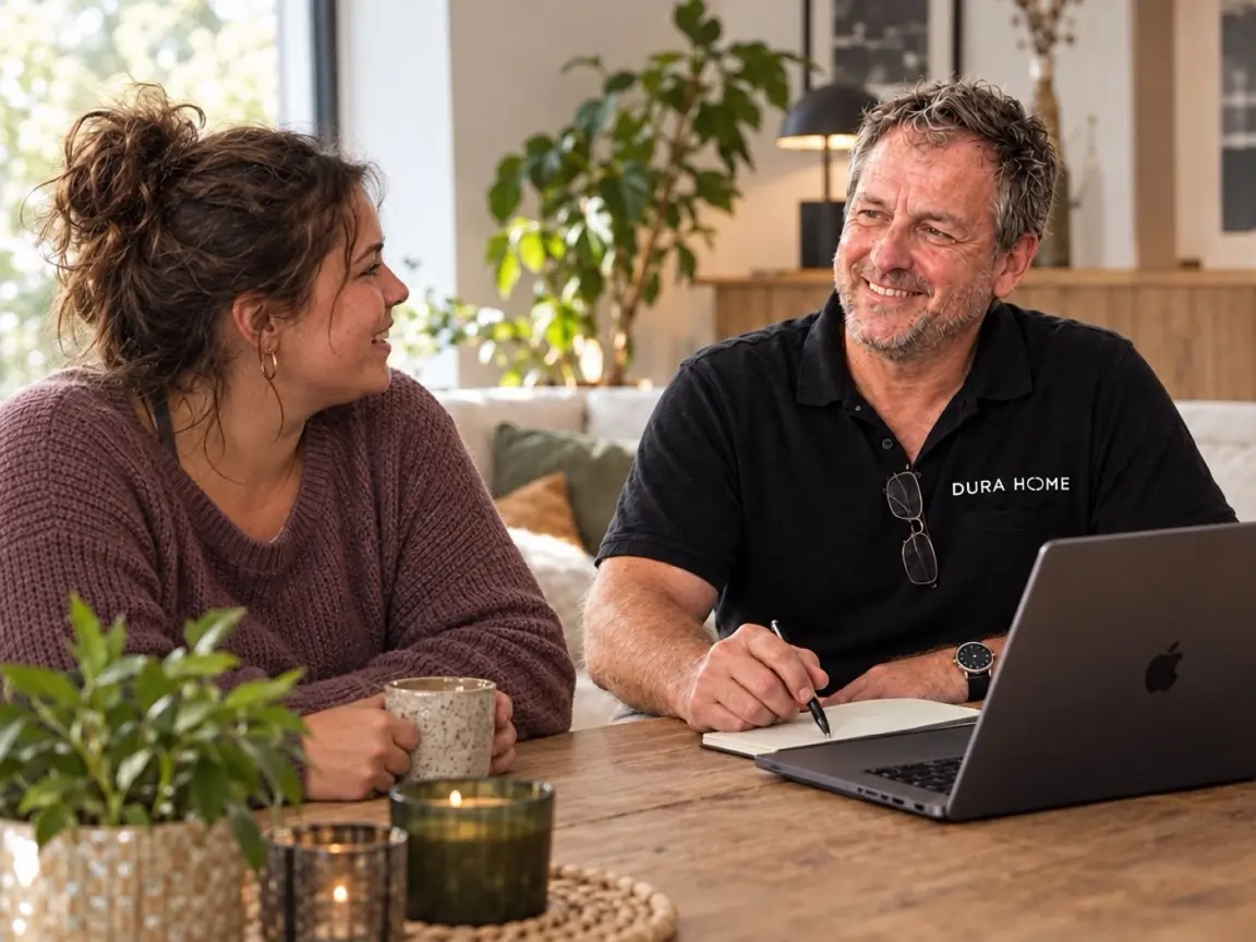 Adviseur van Durahome bespreekt de offerte aan de keukentafel