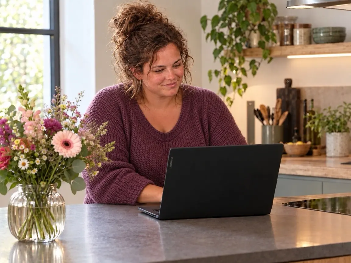 Vrouw aan de keukentafel in een comfortabel warm huis