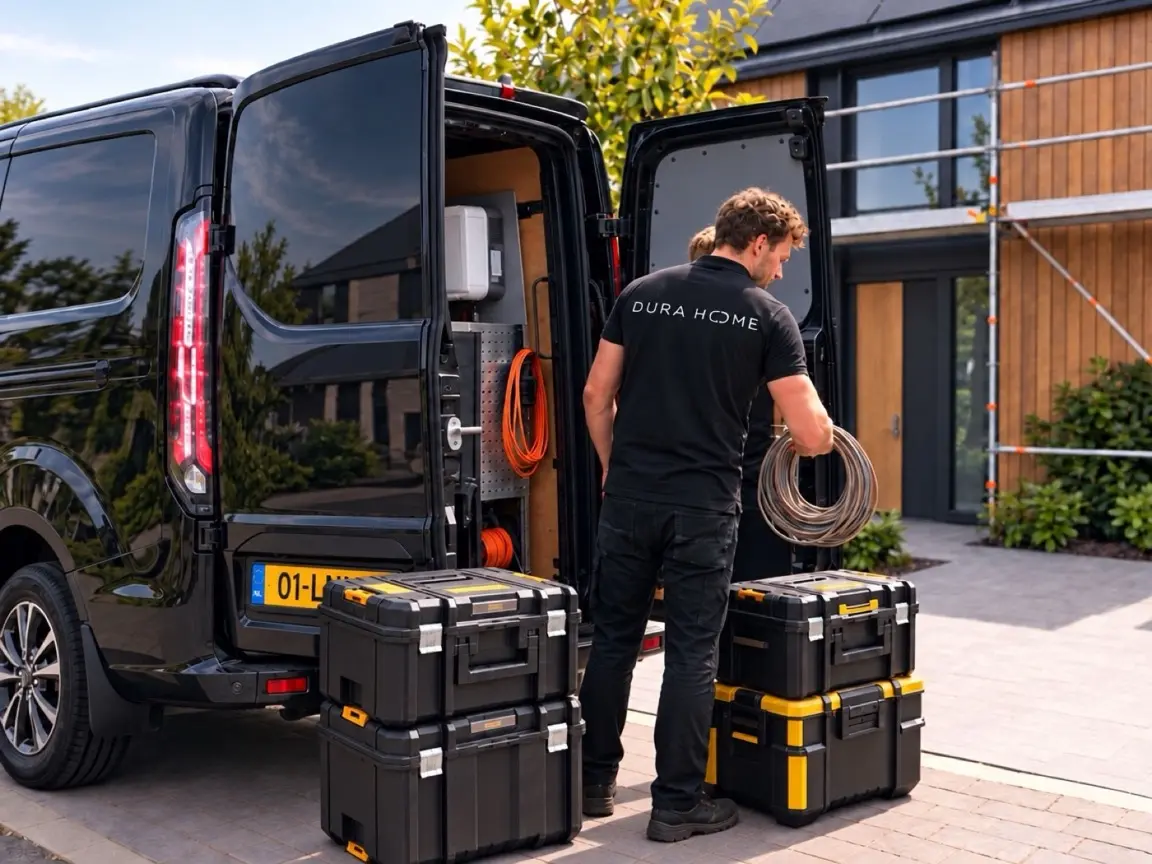 Installateur van Durahome bij de bus met gereedschap
