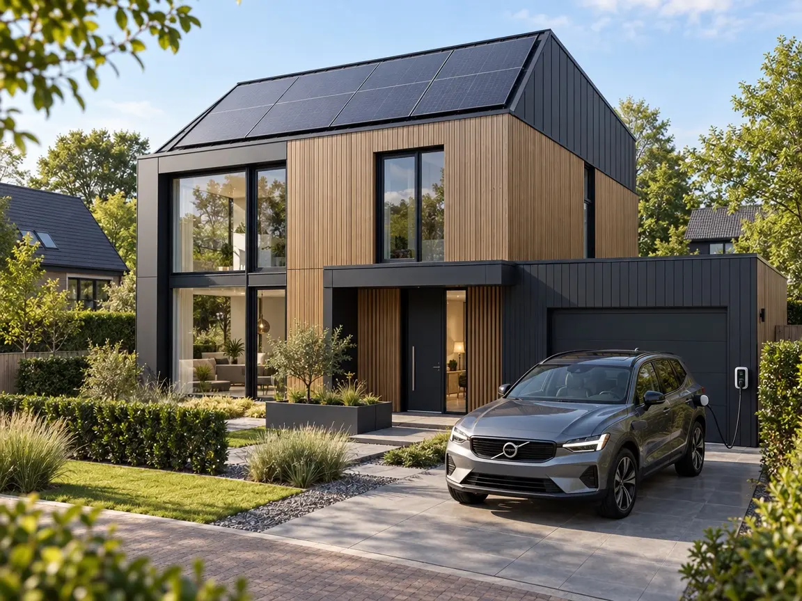 Modern huis met zonnepanelen, een thuisbatterij en een elektrische auto