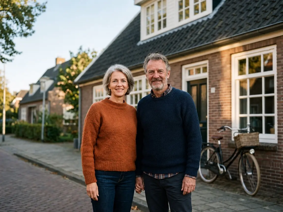 Familie Wolters voor het vrijstaande huis uit 1935, met een fiets tegen de gevel