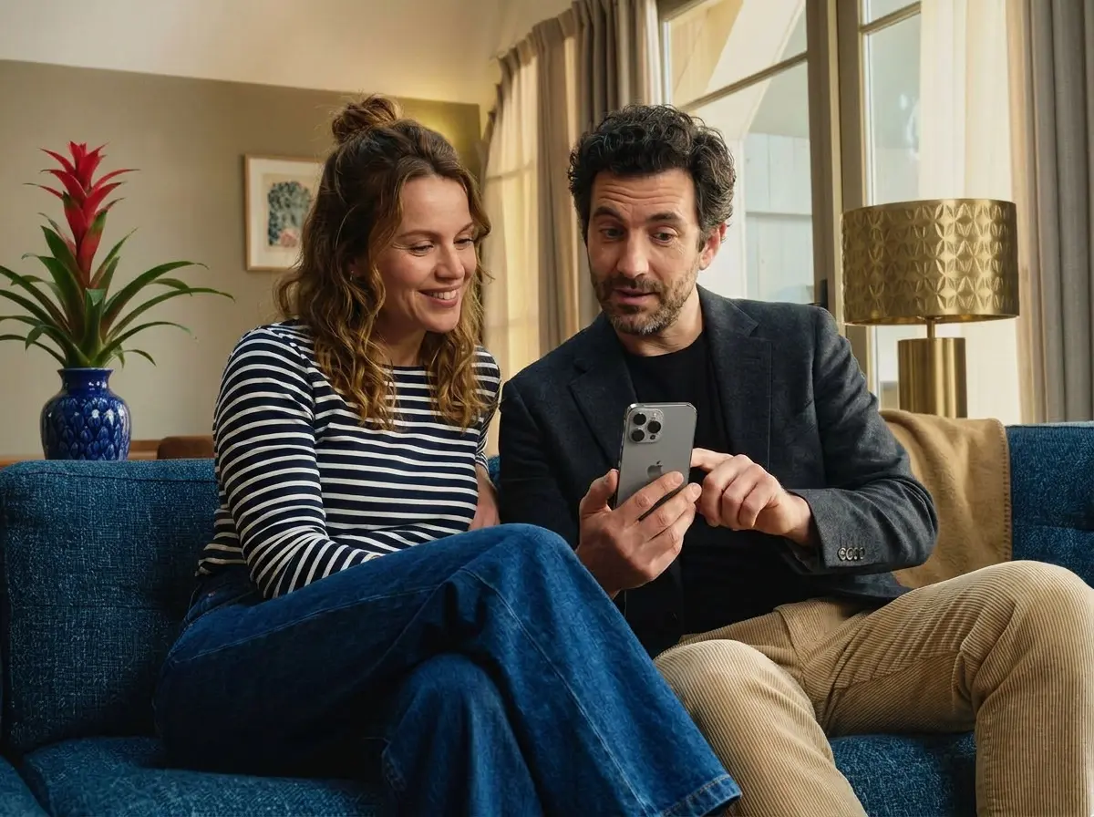 Stel op de bank kijkt samen naar de app op een telefoon